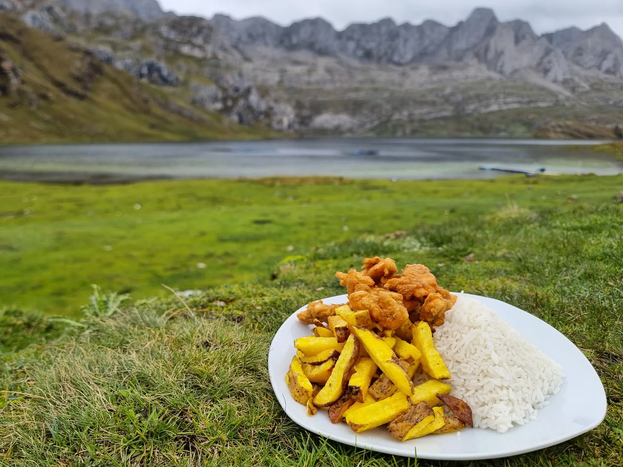 Plato de chicharrón de trucha sobre el pasto con la laguna de fondo
