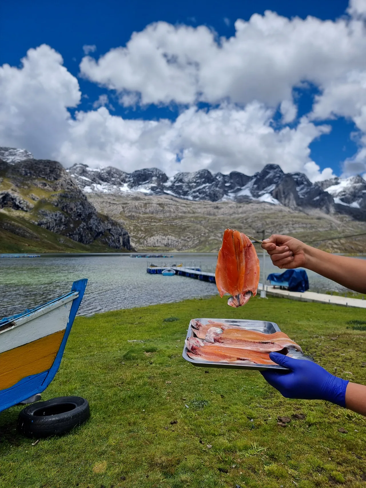 Trucha fresca lista para cocinar, presentada por nuestro chef con la laguna de fondo