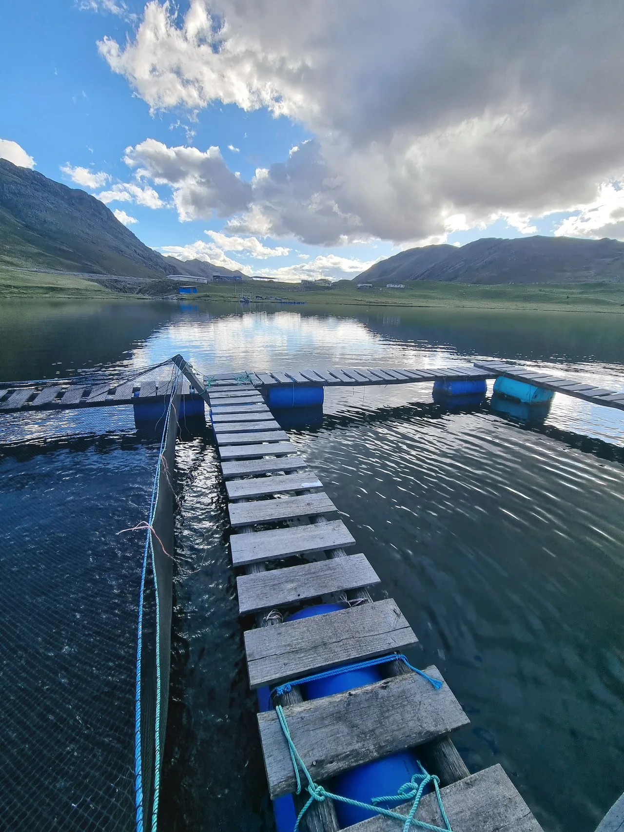 Vista desde las jaulas flotantes en medio de la laguna hacia la orilla
